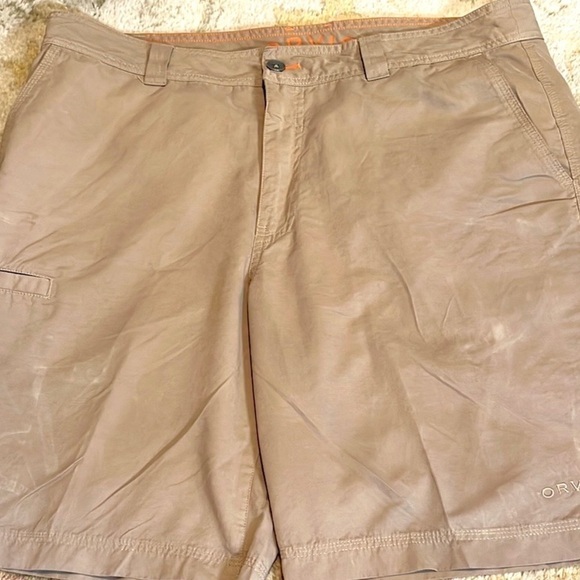 Orvis,Khaki Flat-Front,Pocketed Shorts, Hidden Cargo Pocket, Excellent!Size 38 - Picture 2 of 7